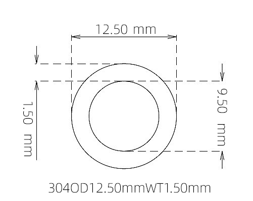 304 不锈钢毛细管(外径 12.50 mm × 内径 9.50 mm × 壁厚 1.50 mm)