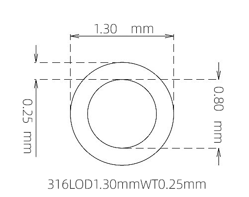 316L 不锈钢毛细管(外径 1.30 mm × 内径 0.80 mm × 壁厚 0.25 mm)